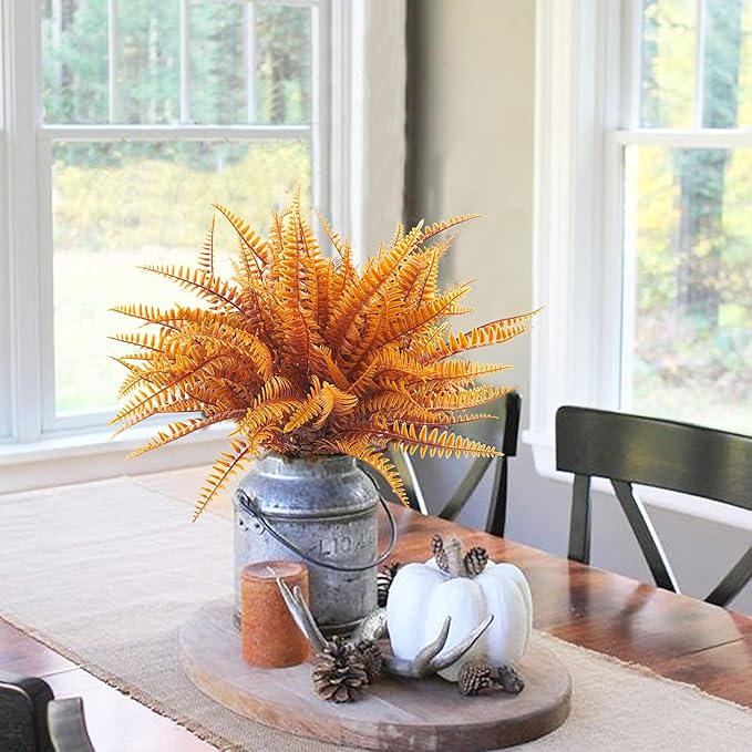 Uieke 12PCS Artificial Ferns for Outdoors, Fake Fall Boston Fern Plants UV Resistant No Fade Faux Plastic Greenery Bushes for Indoor Outside Window Box Fall Décor Autumn Orange