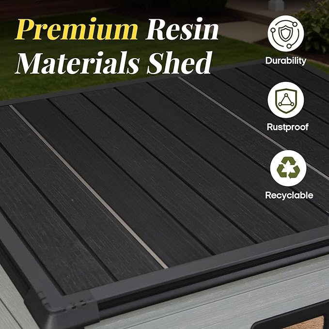 8x4ft Lean to Shed, Resin Outdoor Storage Shed with Floor and 2 Windows, Plastic Sheds & Outdoor Storage Clearance for Patio Furniture, Garden Tools Bike Accessories, Beach Chairs, Black+Grey