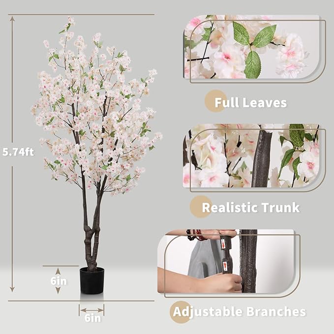 Artificial White Cherry Blossom Tree 5.7ft(68in) Faux Lifelike Plant for Indoor Decor Natural Potted Tree Realistic Pink Cherry Flowers Wood Trunk for Home Living Room,Office Perfect Weeding Gift