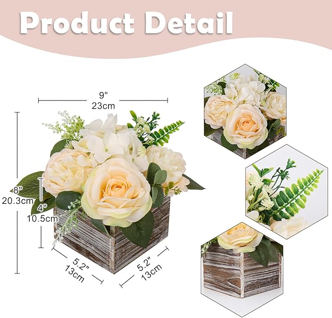 DILATATA Flower Arrangement with Wooden Vase 8" Artificial Flowers in Pot - Fake Flowers Roses Peonies Hydrangeas in Wooden Vase Potted Flower Centerpieces for Table Decor - Pale Yellow