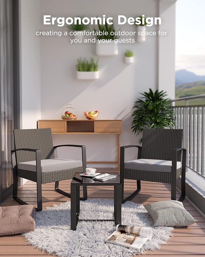 3 Pieces Outdoor Patio Furniture Set Rocking Bistro Set Outdoor Rattan Conversation with Coffee Table for Garden Balcony Backyard Poolside (Grey Cushion)