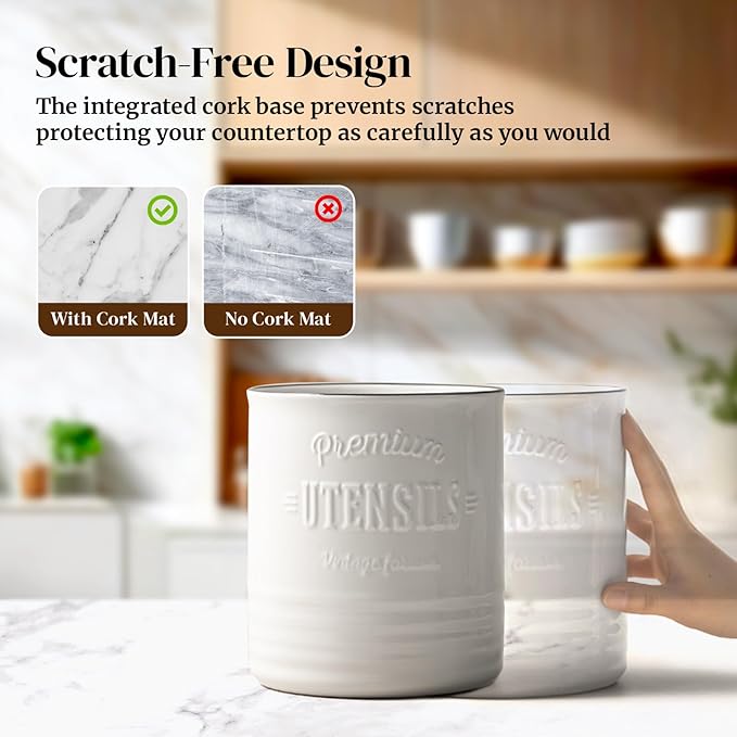 DOWAN 7.2″ Extra Large Kitchen Utensil Holder, Farmhouse Utensil Holder for Countertop, Ceramic Utensil Crock with Protection Cork Mat, Utensil Organizer for Kitchen Decor & Housewarming Gift, White
