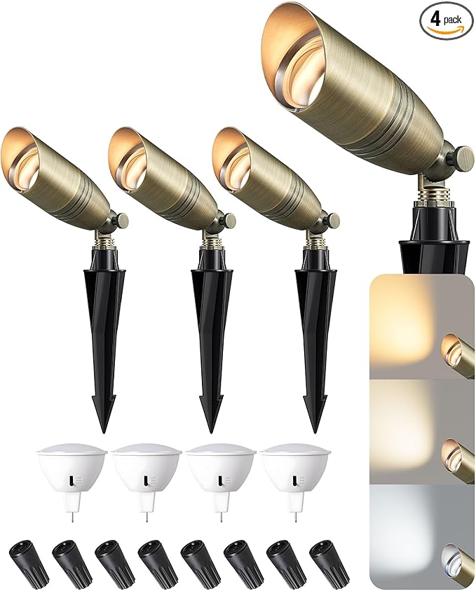 EDISHINE Solid Brass Landscape Spotlights, 12V LED Low Voltage Landscape Lights, 3CCT MR16 Bulb Included, Bronze Heavy Duty Waterproof Spot Lights,Outdoor Lighting for Garden Yard Tree, 4 Pack