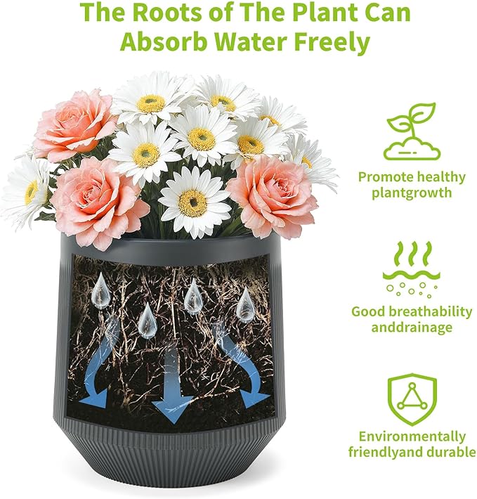 Plant Pots，Set of 3 Plastic Pots for Indoor Plants,Flower Pots Outdoor Planters with Drainage Hole and Seamless Saucer,Gray