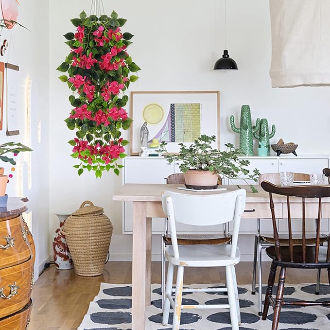 Fake Hanging Flowers Plants Bougainvillea Artificial,UV Resistant Faux Silk Flower Fabric Vine for Indoor Outdoor Garden Porch Eave Fence Wedding Wall Spring Summer Decor