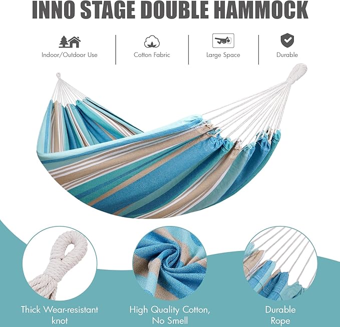 INNO STAGE 2 Persons Hammock with Tree Straps - Brazilian Double Hammock, Portable Hanging Camping Bed for Patio, Backyard, Porch, Outdoor and Indoor Use Soft Cotton Carrying Bag, Blue, XX-Large