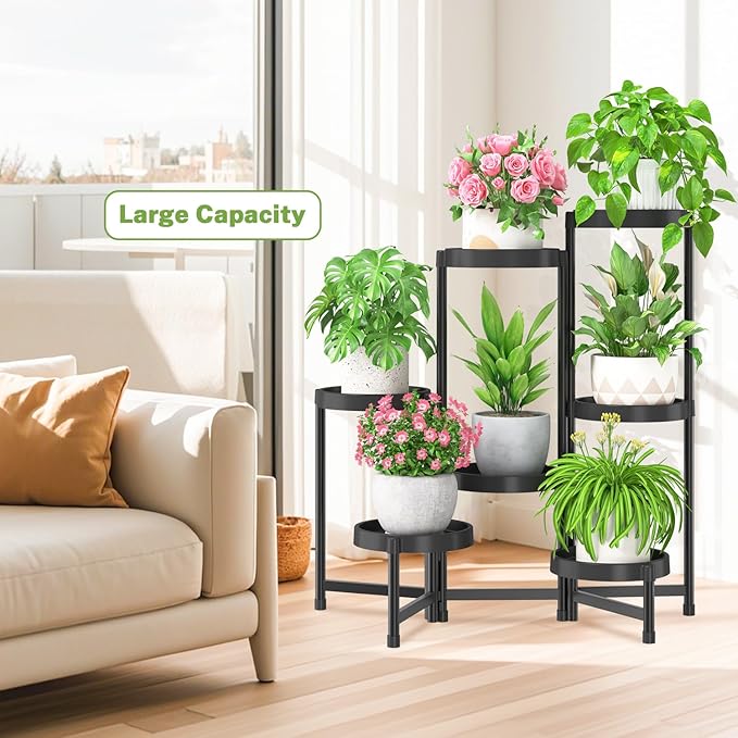 iDavosic.ly 7 Tier Folding Plant Stand Indoor Outdoor with Plastic Tray, Tiered Corner Flower Holder Shelf, Metal Orchid Display Rack for Patio Porch Living Room Garden Balcony, Modern Black