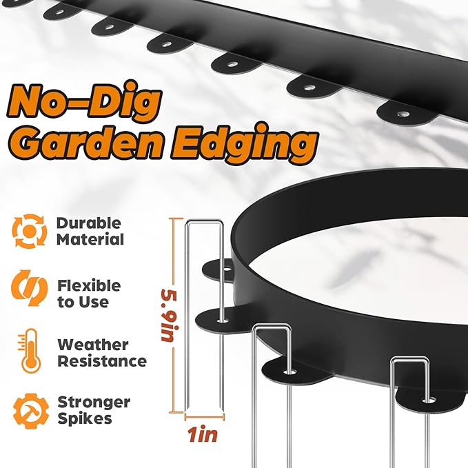 Landscape Edging, 1.5" x 35' Plastic Garden Edging with 40 Pcs Metal Spikes, Flexible Garden Border for Lawn, Landscaping, Flower Beds