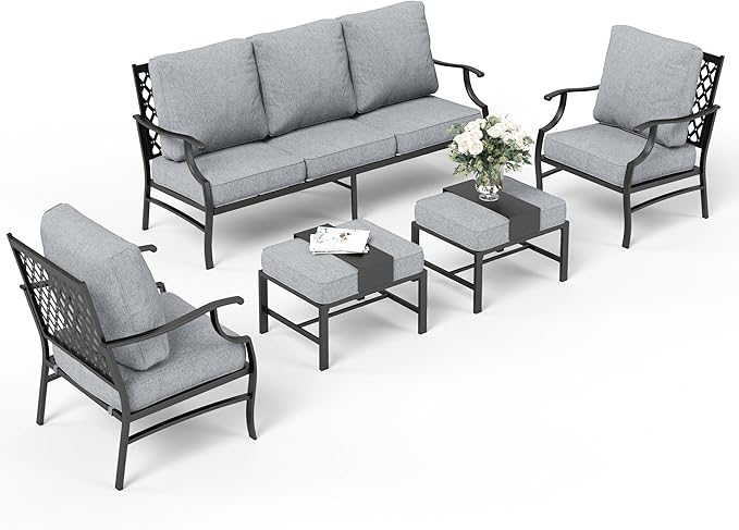 5 Piece Metal Outdoor Patio Furniture Set, Patio Conversation Sets 1 3-seater Sofa, 2 Fixed Chair, 2 Ottomans with 5.75" Thick Cushion, Black All-weather Frame Backyard Furniture, Gray