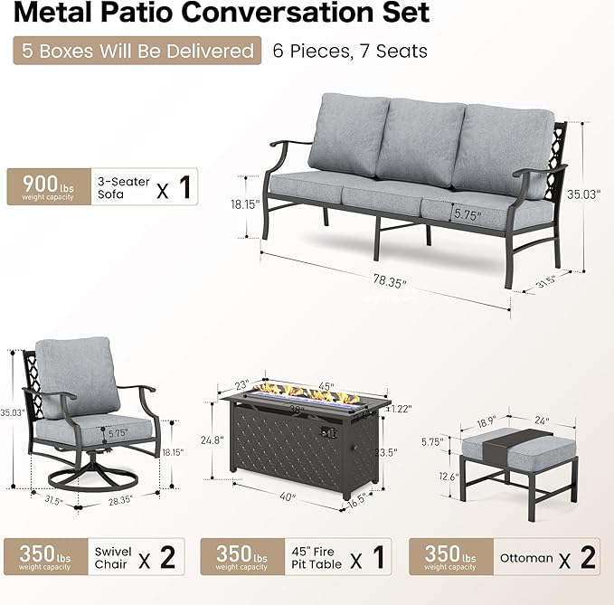 6 Piece Metal Outdoor Patio Furniture Set with Firepit Table, Patio Conversation Set 1 3-seater Sofa, 2 Swivel Chair, 2 Ottoman with 5.75" Thick Cushion, Black Backyard Furniture, Gray