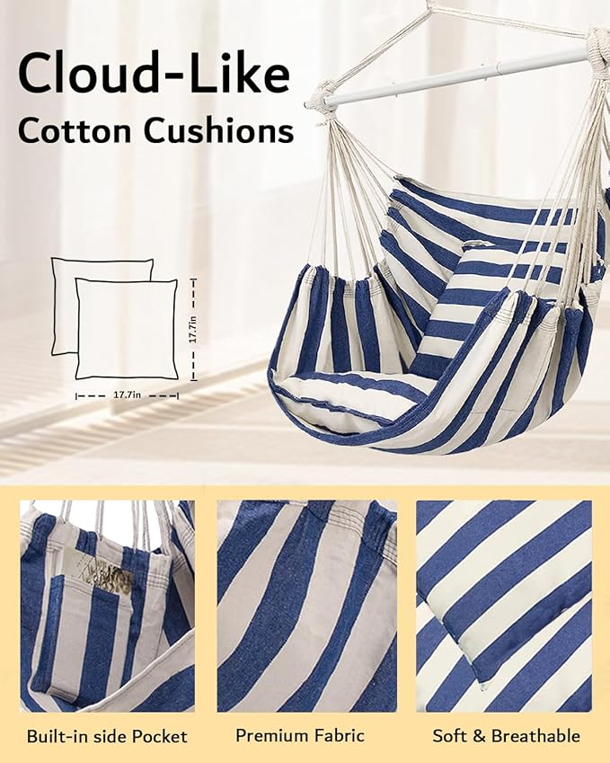 ADVOKAIR Hammock Chair Hanging Chair Swing Large Indoor with Anti-Slip Steel Spread Bar and Pocket-Max 500lbs-2 Cushions, Perfect for Bedroom,Outdoor,Patio, Porch,Backyard…