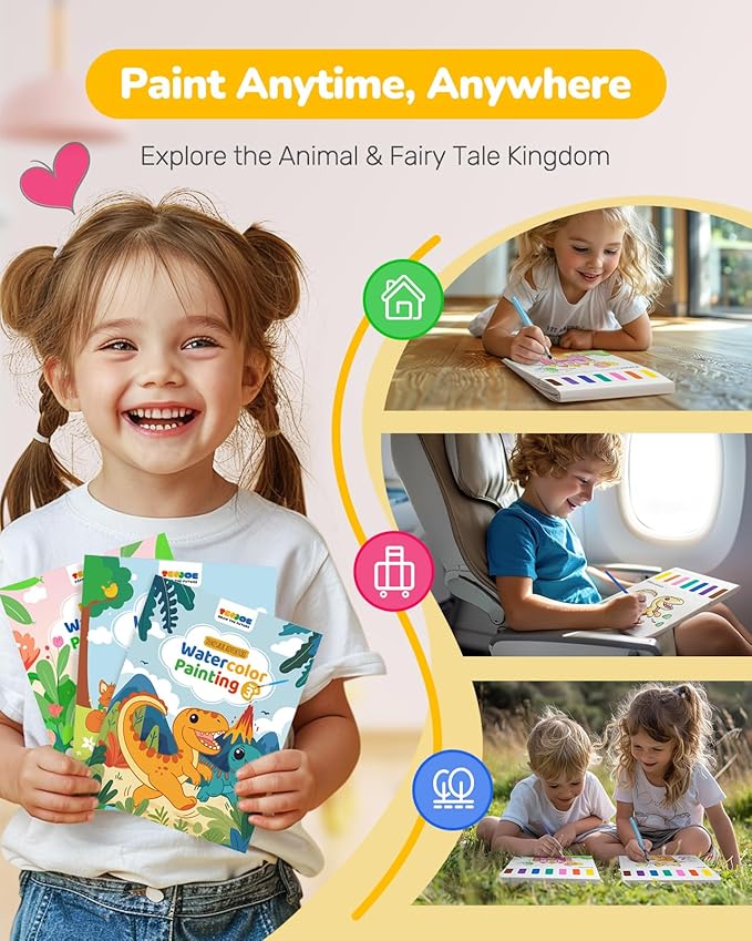 TECJOE 3 Pack Paint With Water Coloring Books for Toddlers, Watercolor Paint Set with 6 Brushes, Painting Activity for Kids Ages 4-8, Christmas Gift arts & Crafts Toy, Princess, Dinosaur & Forest