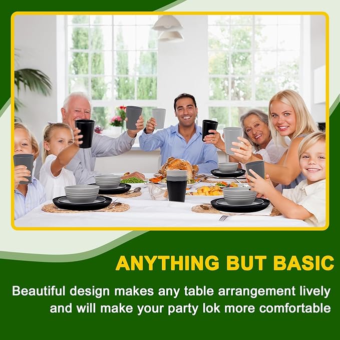 Rubtlamp 24Pcs Kitchen Plastic Wheat Straw Dinnerware Set,Dinnerware Sets for 6,Microwave Dishwasher Safe Plates, Unbreakable Reusable Plastic Wheat Straw Bowls & Plate for Camping