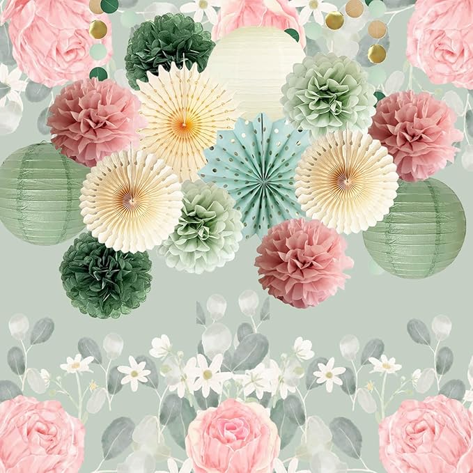 Sage Green and Dusty Pink Party Decorations Green & Pink Party Decor Sage Tissue Pom Poms Paper Lanterns Beige Paper Fans for Women Girls Birthday Wedding Bridal Shower Baby Shower Party Decor