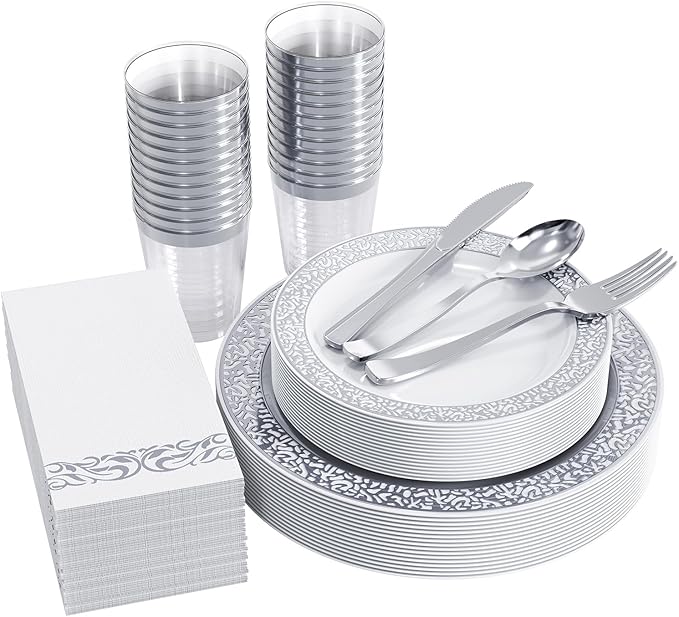FOCUSLINE 175 Ct Silver Dinnerware Set for 25 Guests, Plastic Plates with Silver Lace Rim Design, Including 25 Disposable Dinner & Dessert Plates, Cups, Napkins, Cutlery Set