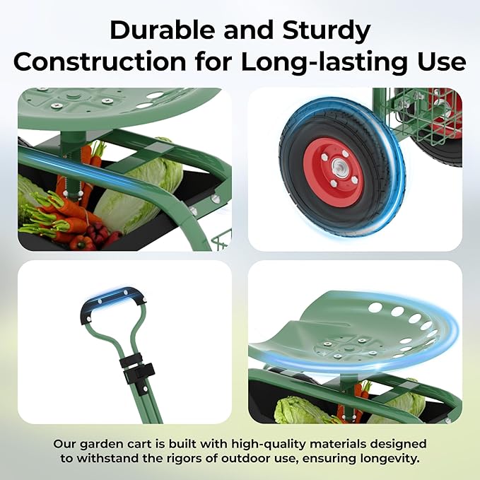 Garden Rolling Stool with Wheels – Outdoor Garden Chair for Patio and Lawn - 360° Swivel Seat Gardening Cart with Tool Tray & Steering Handle for Easy Planting and Yard Work