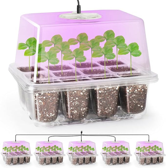 Bonviee 5 Packs Seed Starter Tray with Grow Light, Elevated Seedling Starter Trays Kits with Adjustable Humidity Domes and Clear Cell Tray, 12 Full Spectrum led lamp Beads for Plants Indoor-Clear