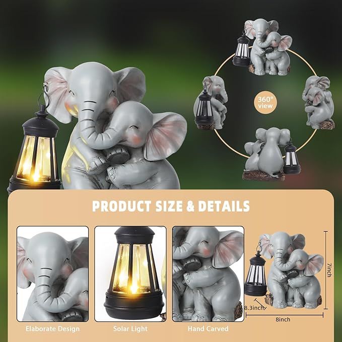 Solar Garden Decor - Mother Baby Elephant Statue with Solar Lantern 7" Resin Elephant Figurines Outdoor Yard Porch Lawn Patio Decor Housewarming Birthday Gift for Mom Grandma Women