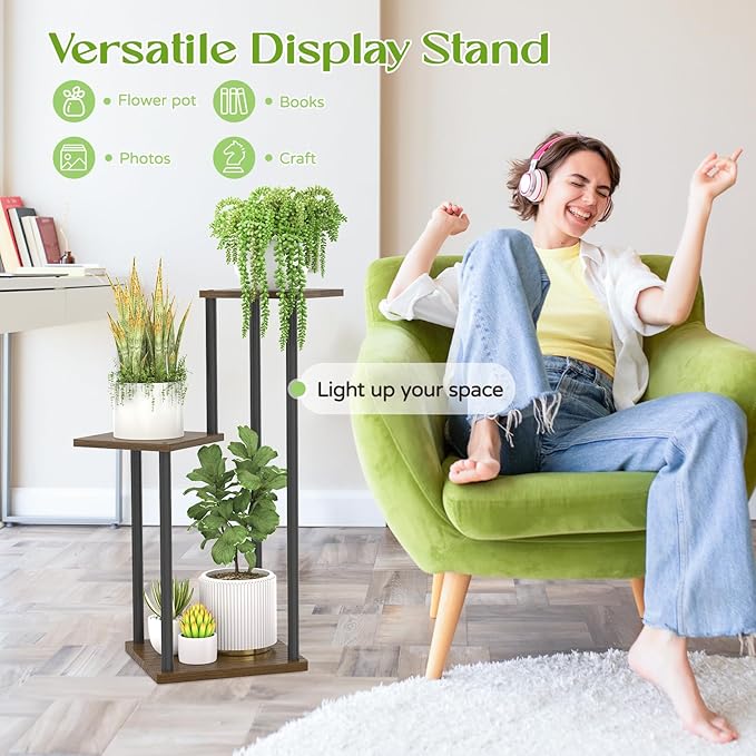 3 Tier Plant Stand Indoor Outdoor, Wood Metal Flower Shelf Pot Holder Clearance, Tall Multiple Plants Corner Rack Aesthetic Organizer for Patio Orchid Office Porch Living Room Garden, Black Oak