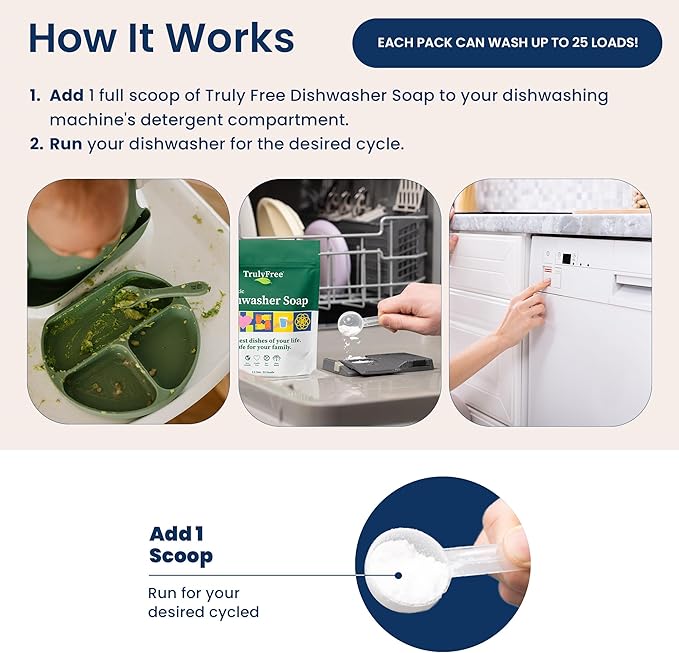 Truly Free Dishwasher Detergent Powder | Natural Dish Detergent, Dishwasher Soap | Plastic Free, Plant-Based, Clean, Heavy Duty Hard Water Stain & Grease Remover | Fragrance Free | 12.5 oz (Pack of 2)