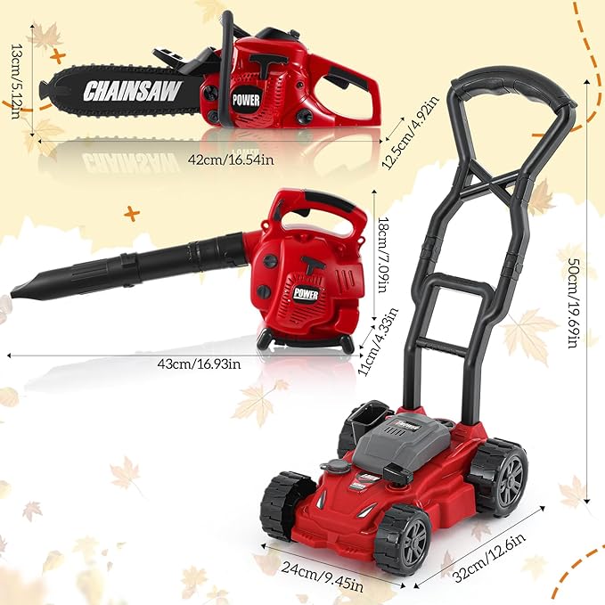 3 Pcs Toy Gardening Tool Set for Kids Toy Leaf Blower Chainsaw Push Lawn Mower Pretend Play Set with Lights and Sounds Birthday for Boys Girls