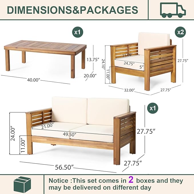 4-Piece Patio Furniture Set: Outdoor Acacia Wood Patio Furniture Set with Loveseat, Sectional Sofa & Coffee Table with Premium Cushions, Durable Conversation Set for Backyard, Garden (4, brown)