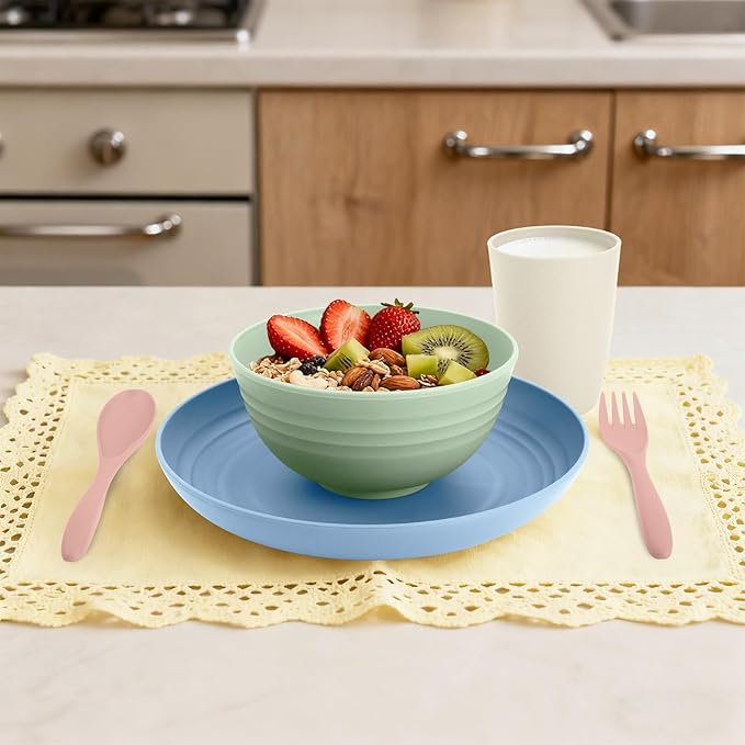 Wheat Straw Dinnerware Sets, Service for 4, Kitchen Plates and Bowls Sets with Dinner Plate/Cereal Bowl/Cup/Fork/Spoon, 20-Piece for Outdoor Camping, RV, Apartment Essentials - Colorful