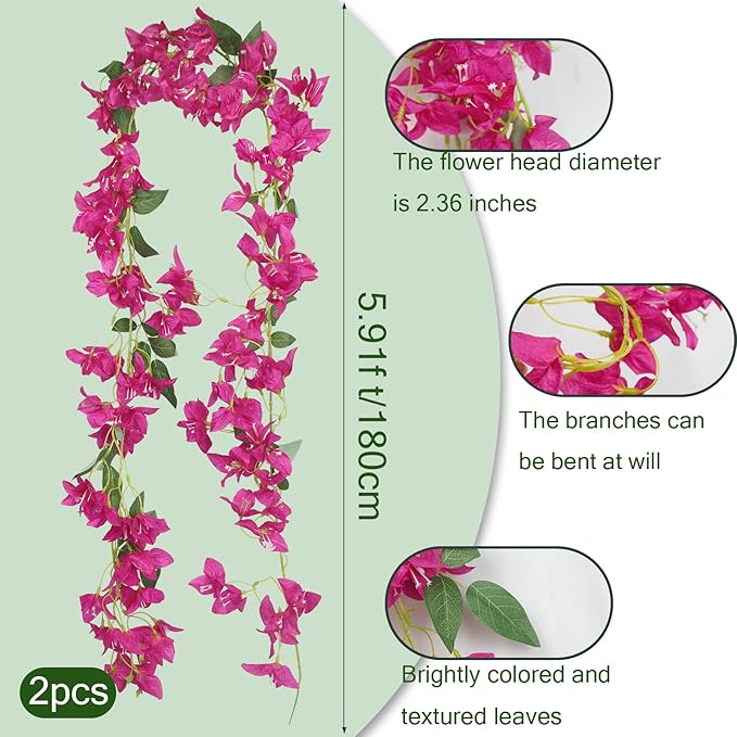 2 Pcs Bougainvillea Artificial Hanging Flowers Plants for Outdoors Fake Silk Bougainvillea Vines Fuchsia Artificial Flower Garland UV Resistant Faux Flowers for Planter Centerpieces Arch Decor