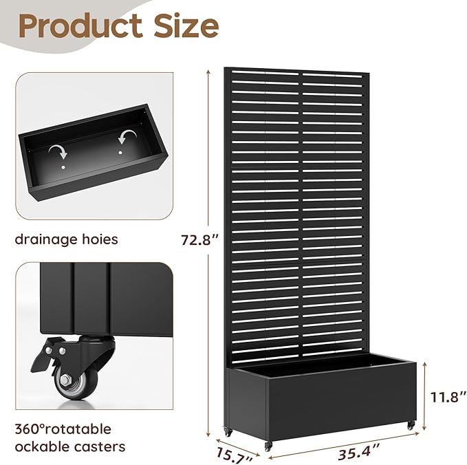 Metal Raised Garden Bed with Trellis & Wheels,70" x 35"x 15.7" Planter Box with Trellis,Privacy Planters for Patio,Garden Bed for Climbing Plants,Suitable for Climbing Plants and Vegetables,Black