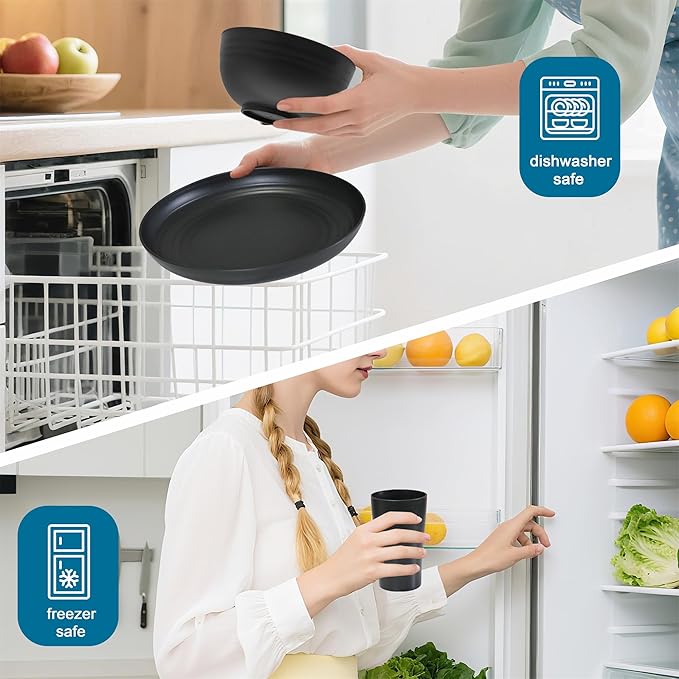 Black Wheat Straw Dinnerware Sets For 8 (32pcs),Unbreakable Dinnerware Set,Dishwasher Safe,Plastic Reusable Lightweight Rv Dishes Cups Plates and Bowls Sets for Camping Kitchen Picnic