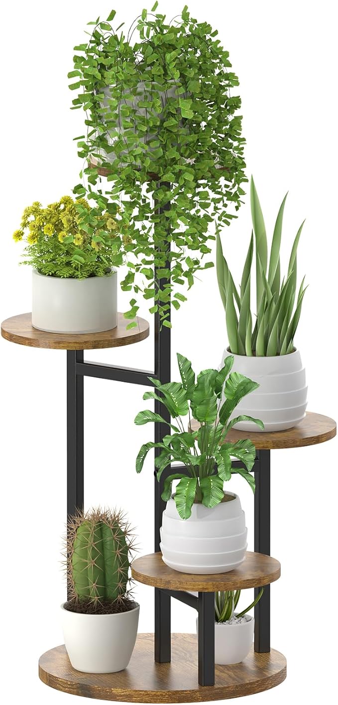5 Tier Plant Stand Indoor, Metal Wood Flower Holder, Heavy Duty Tall Round Multiple Shelf, Sturdy Spiral Planter Orchid Display Rack for House Living Room Patio Corner Bathroom, Modern Black