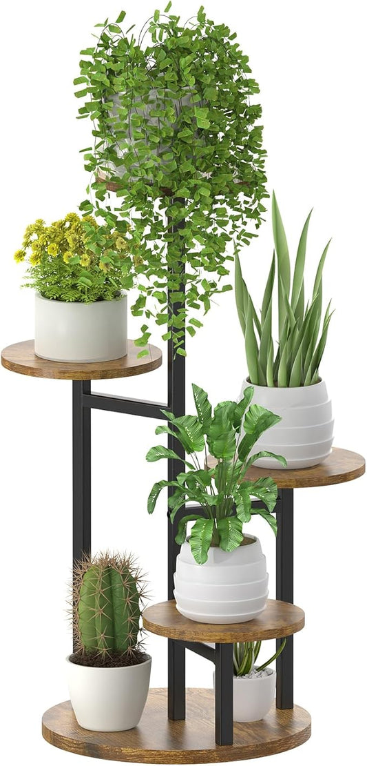 5 Tier Plant Stand Indoor, Metal Wood Flower Holder, Heavy Duty Tall Round Multiple Shelf, Sturdy Spiral Planter Orchid Display Rack for House Living Room Patio Corner Bathroom, Modern Black