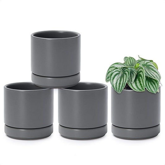 D'vine Dev Set of 4 Small Ceramic Plant Pots, 4.7 Inch Succulent Planter Pot for Plants with Drainage Hole and Saucer, Grey, 94-X-B-3