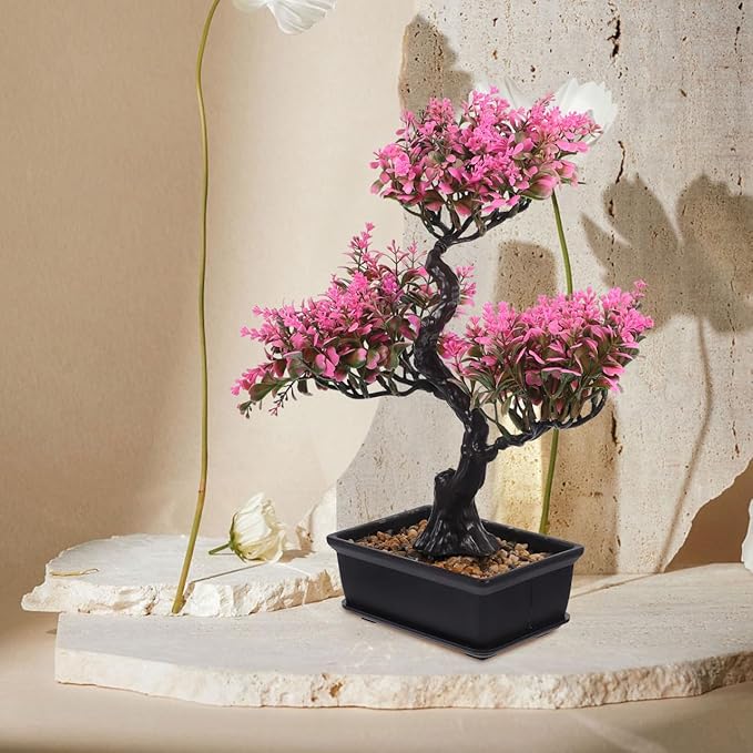 Cabilock Artificial Bonsai Tree, Fake Potted Bonsai Plants Decoration, Simulation Faux Plants Decor, Desktop Realistic Welcoming Pine Ornament for Home Office Entryway Chests Decor, Pink