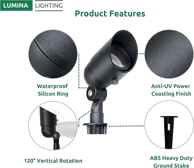 Lumina Lighting® 4W Landscape Lighting 12V Landscape Lights Low Voltage Landscape Spotlights Warm White Waterproof Outdoor Replaceable LED Bulb for Garden, Lawn, Porch, Patio and Yard (Black, 6-Pack)