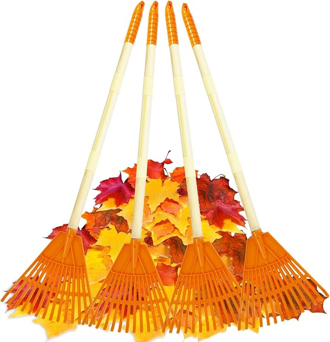 Kids Rakes, 4 Pieces 31" Heavy Duty Lawn Tool for Leaves, Child Size, Plastic Head & Wooden Handle, Gardening Tools for Boys Girls Gifts Age 3 Year Old and Up