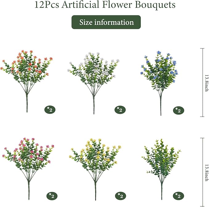 Artificial Flowers Outdoors, 12 Bundles Fake Flowers UV-Anti for Decoration Faux Plastic Plants Garden Porch Window Box Décor, WhitePinkYellowOrangeBlueGreen