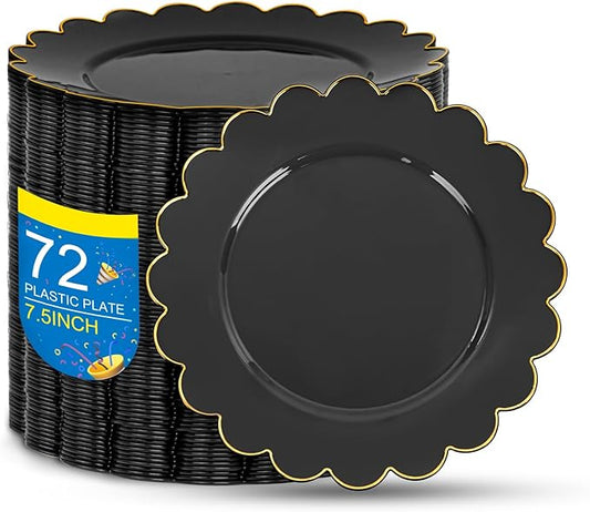 SUT 72 PCS Black Plates,Black Plastic Plates with Gold Rim, Black Party Plates, Plastic Plates for Party, 7.5 inch Plastic Dessert Plates, Black Disposable Plates for Party,New Year,Halloween