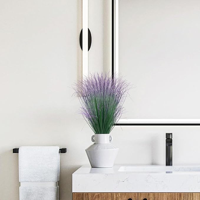 40 Bundles Fake Grass Plants Artificial Plants Outdoor Faux Plants Tall Shrubs Wheat Grass Greenery Stems UV Resistant Onion Grss for Outside Planters Indoor Room Vase Home Decor（Green Purple Tail）