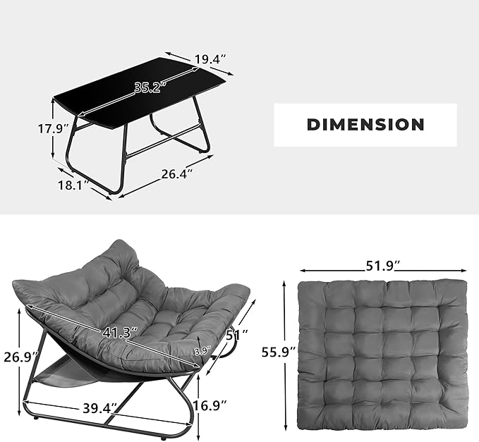 NOBLEMOOD 2 Pieces Patio Loveseat Set with Coffee Table, Outdoor Indoor Cushioned Love Seat, Metal Frame Oversized 2 Seater Chair for Porch, Garden, Living Room, Balcony