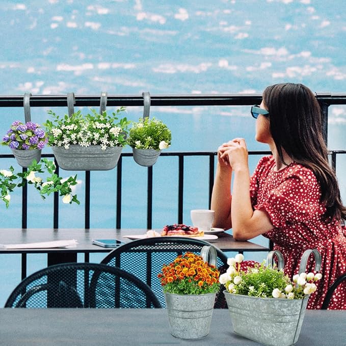 3 Pcs Metal Wall Hanging Planter Pots, Vintage Flower Pots for Railing Fence, Hanging Bucket Pots, Window Flower Plant Holder with Detachable Hooks Home Decor (Silver)