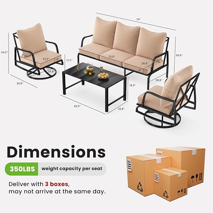 Soohow Patio Furniture Set, 4 Piece Outdoor Patio Furniture Set, 2 x Outdoor Swivel Chair, 1 x 3-Seats Sofa and 1 x Coffee Table, Metal Conversation Set for Porch, Balcony, and Backyard