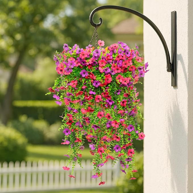 8PCS Artificial Hanging Flowers for Outdoors,Hanging Outdoor Faux Plants,UV Resistant Fake Flowers for Outdoor Planters,Realistic Fake Plants Spring Decor for Porch,Patio,Yard (RedPurple)
