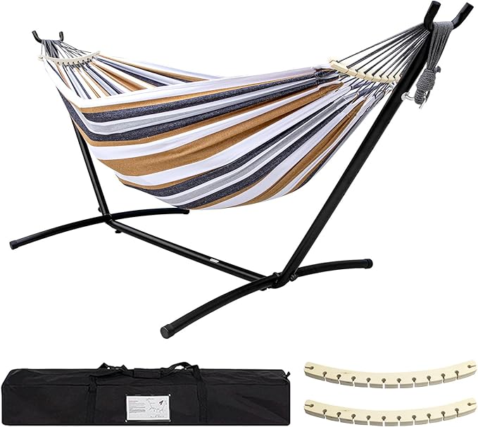 SZHLUX Double Hammock with Stand Included 450lb Capacity Steel Stand, Premium Carry Bag Included and Two Anti Roll Balance Beam, Portable Hammock with Stand for Backyard, Camping,Garden Brown Stripes