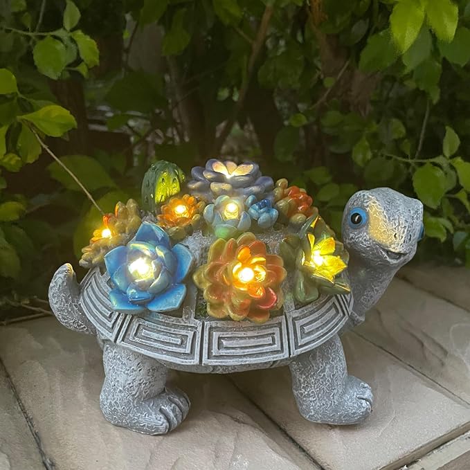 Solar Garden Outdoor Turtle Figurines with LED Lights Lawn Decor Tortoise Statue for Outside Yard Patio Front Porch Balcony Home Ornament Housewarming