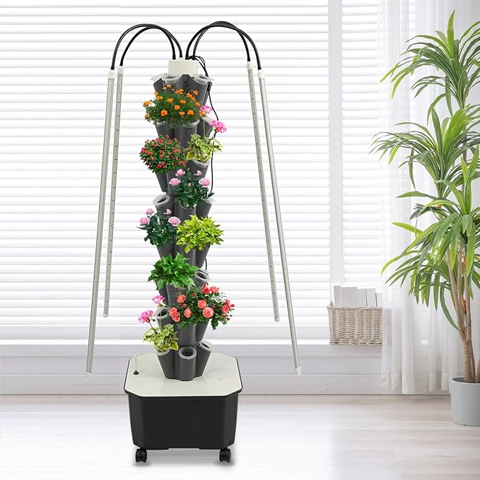 Hydroponic Growing System Tower, 80W 40 Plants 5-Layer Hydroponic Tower with LED Light Vertical Hydroponics Garden Tower for Herbs Vegetables Fruits with Pump & Water Level Gauge Grey