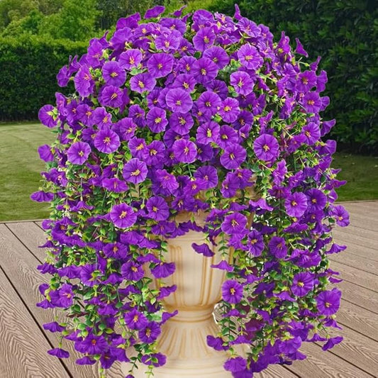 4PCS Artificial Hanging Flowers for Outdoor Decor UV Resistant Fake Morning Glory Realistic Silk Spring Summer Hanging Plants for Porch Patio Balcony Yard (Purple)