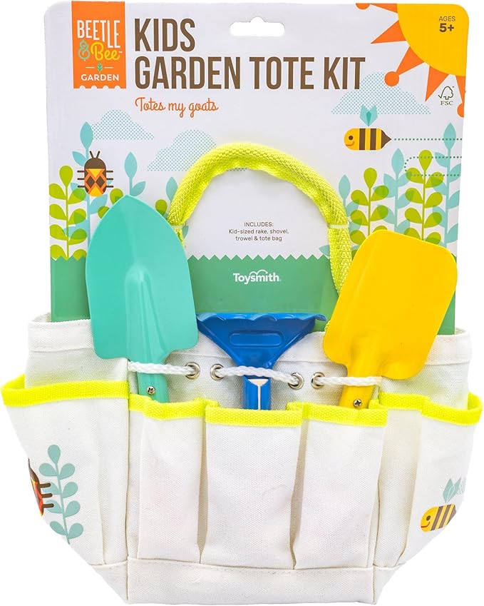 Beetle & Bee Kids Garden Tote Kit – Durable, Easy-to-Clean Gardening Tools Set - Includes Canvas Tote Bag, Hand Rake, Shovel & Trowel - Perfect Toddler Gardening Set