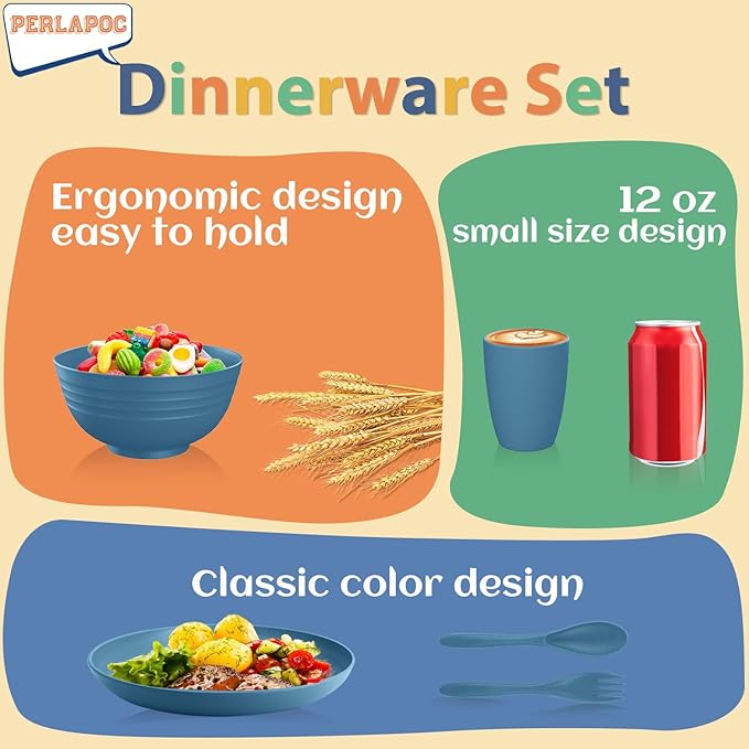 Premium Wheat Straw Dinnerware Sets for 4, Reusable Plastic Dinner Plates, Unbreakable Plates and Bowls Sets 20-Piece, Dishwasher & Microwave Safe - Blue