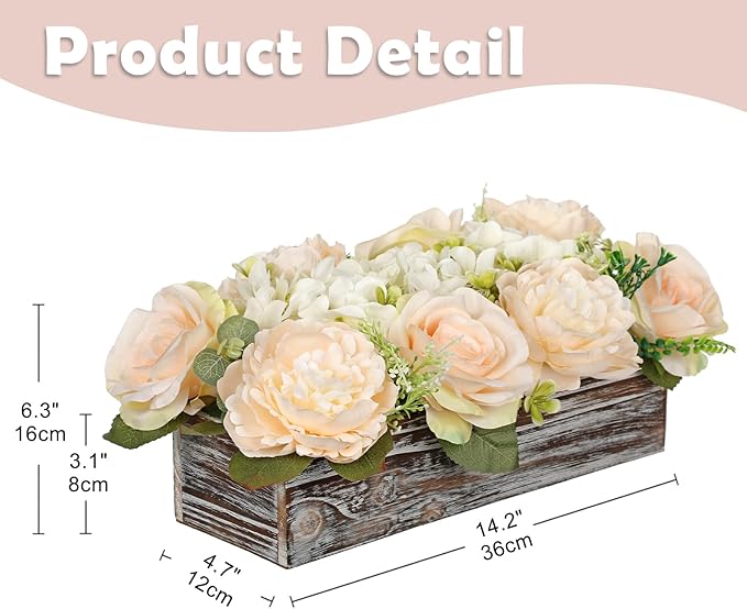 DILATATA Flower Arrangement with Wooden Vase 14" Artificial Flowers in Pot - Fake Flowers Roses Peonies Hydrangeas in Wooden Vase Potted Flower Centerpieces for Table Decor Living Room - Pale Yellow